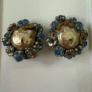 Vintage Signed Eugene Baroque Faux Pearl Blue Rhinestone Clip-On Earring